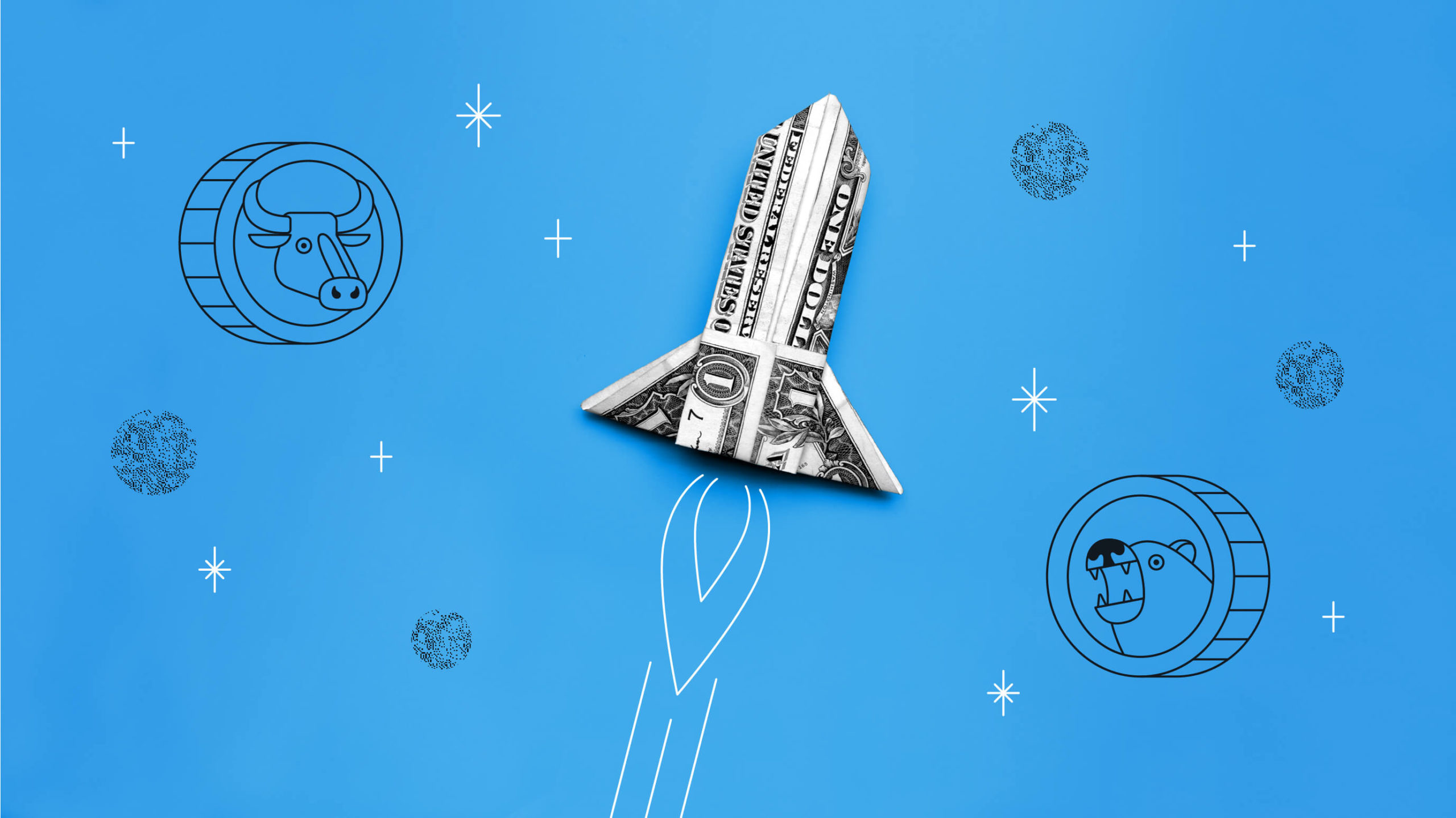 Illustrated icons of coins surround a dollar bill folded into a rocketship, alluding to fluctuating stock prices.