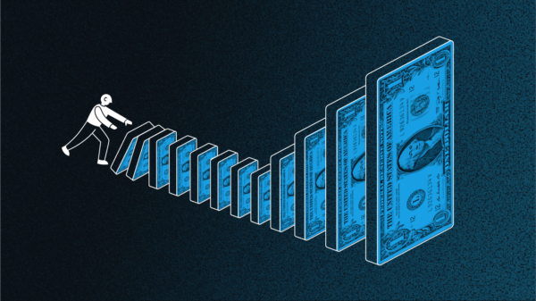 An illustrated person is shown knocking down a line of dollar bills arranged like dominoes, illustrating an explanation of what is compounding.