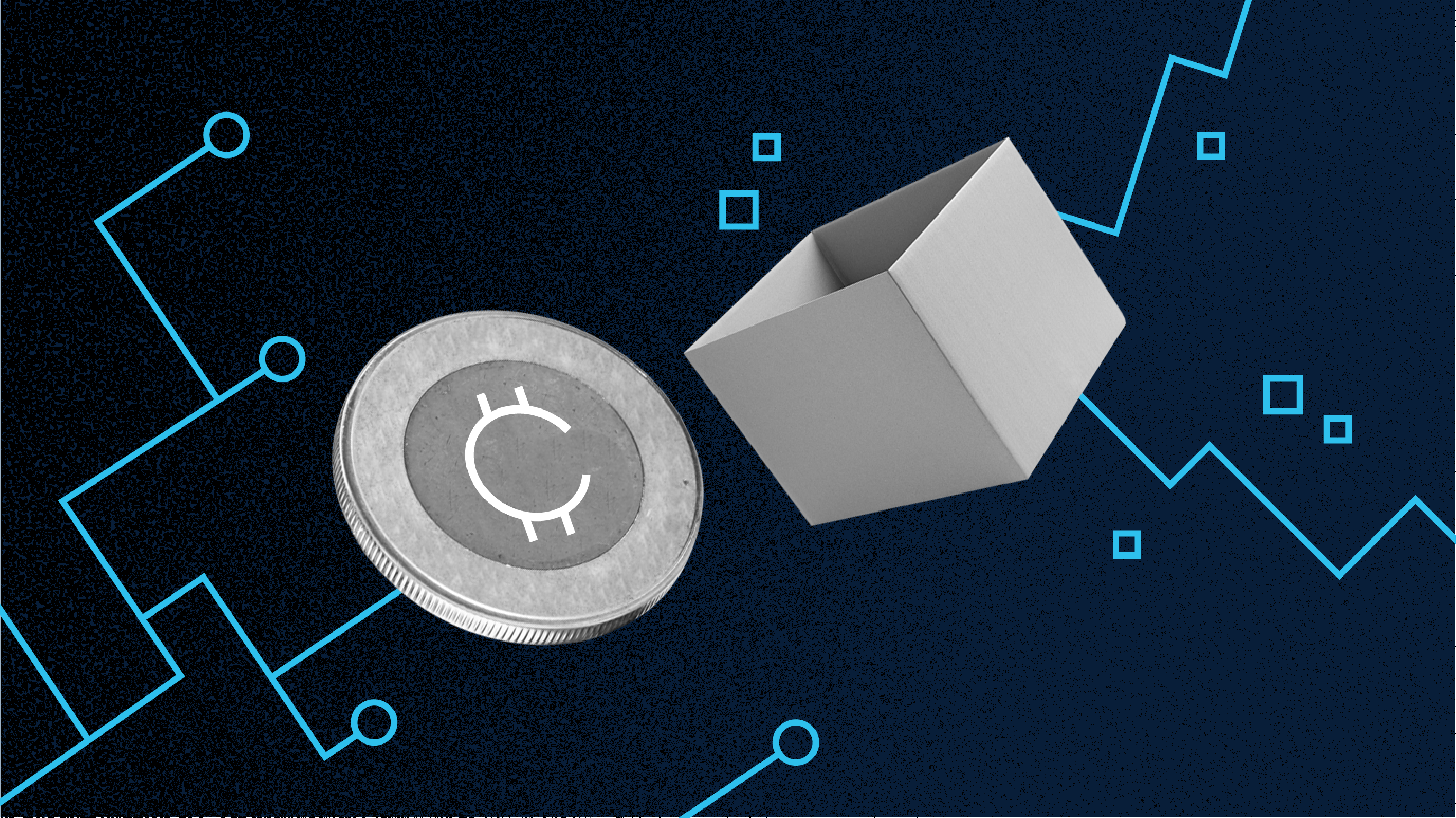 An illustration uses coin and box imagery to show the differences between cryptocurrency vs stocks.