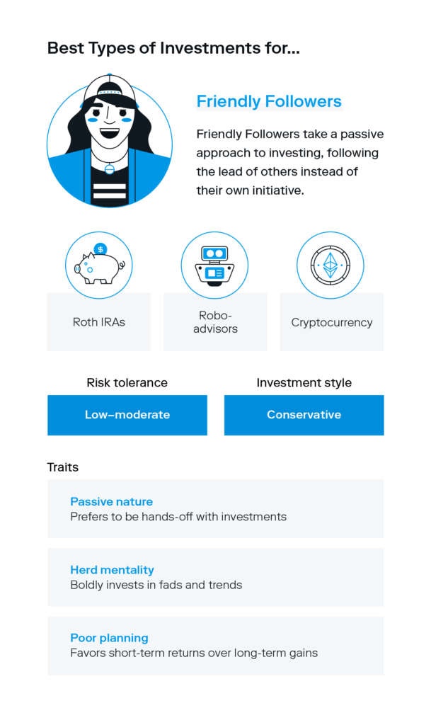 An illustration of a person smiling supports the definition for the “friendly follower”—one of the four behavioral investor types characterized by a passive and conservative investment style—which can be helpful for strategically choosing long-term investments. 