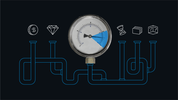 An illustration of pipes connected to different categories representing the elements that make up your credit score accompanies an image of a barometer.