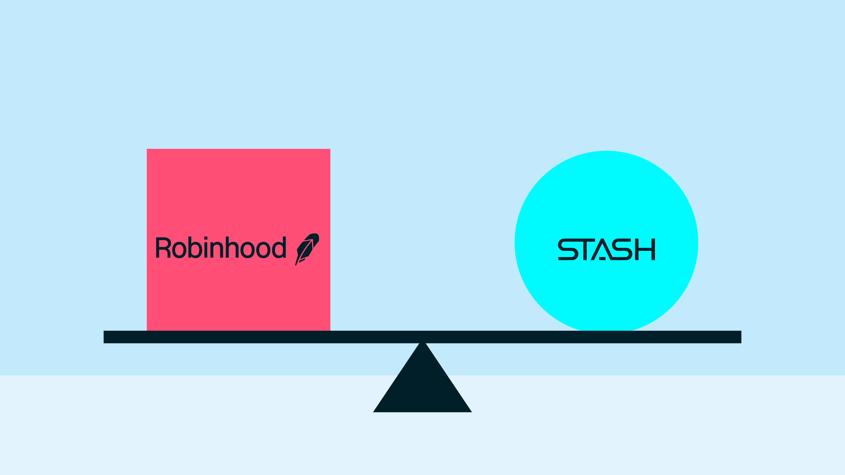 An illustrated scale is shown figuratively weighing two different investing apps to compare Stash vs Robinhood.